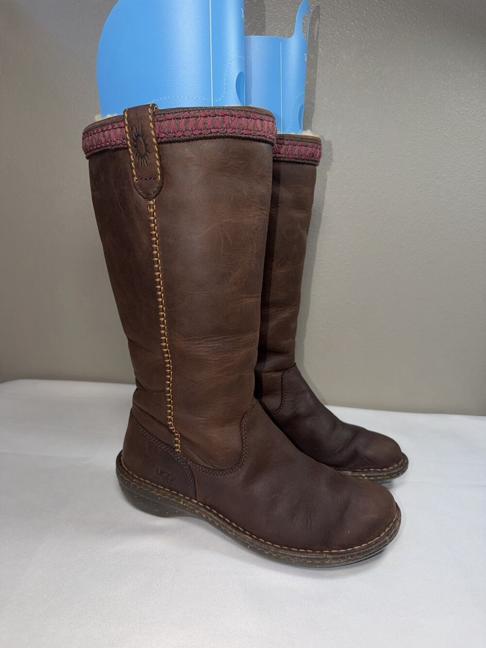 Ugg Swell Tall Brown Leather Shearling Lined Boots Size 8